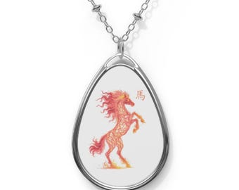 Fire Horse Chinese Zodiac Oval Necklace, lucky charm 2026
