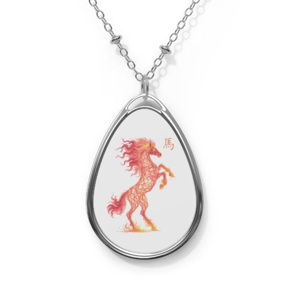 Fire Horse Chinese Zodiac Oval Necklace, lucky charm 2026