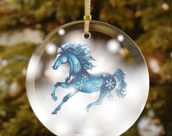 Handgefertigter Saphir-Pferdeanhänger aus Glas, Winterbaumschmuck mit Goldband