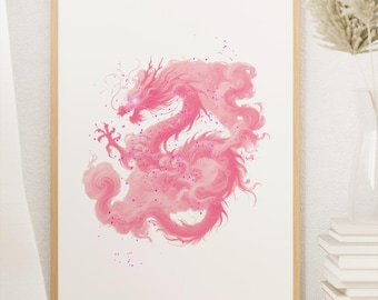 Pink Japanese Dragon Art Print: Ethereal Fantasy Wall Decor (Digital Download)