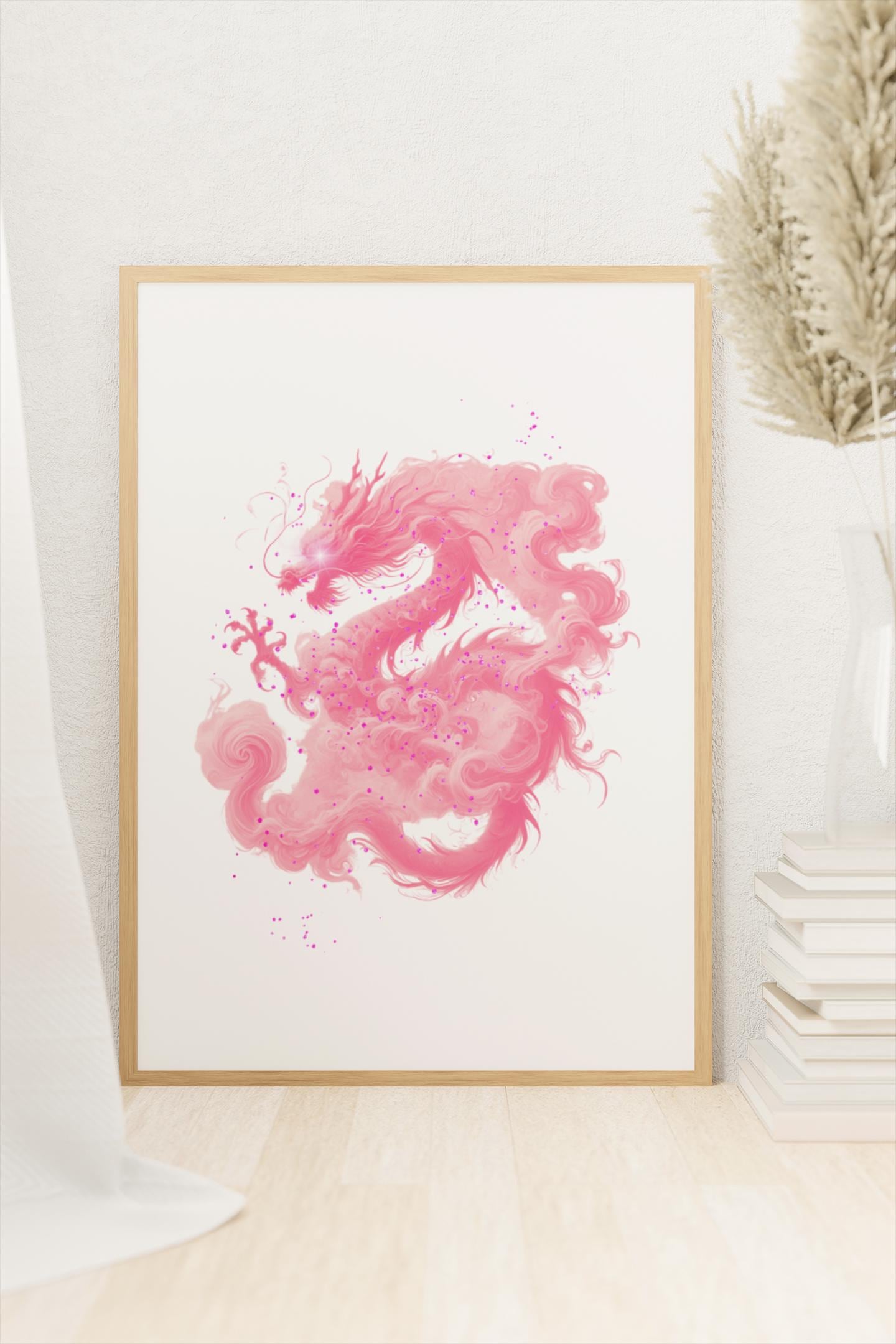 Pink Japanese Dragon Art Print: Ethereal Fantasy Wall Decor