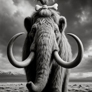 Funny Woolly Mammoth Wall Art – Black and White Animal Photography Print with Hair Bone Accessory, Prehistoric Decor, Mammoth poster