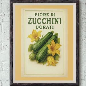 Fiore di Zucchini Dorati Vintage Italian Botanical digital Print of Zucchini with Blossoms, Rustic Kitchen Decor, Heirloom Vegetable Poster