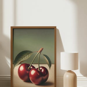 Vintage Cherry wall Art Print – Realistic Red Cherries with Leaves, Rustic Kitchen Wall Decor, farm house digital print, fruit art