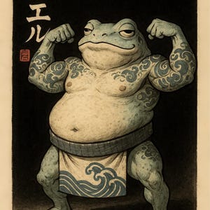 Arte de sumo de rana, impresión de anfibios con tatuaje japonés, póster divertido de artes marciales, decoración de pared de estilo vintage para amantes de las ranas, culturismo