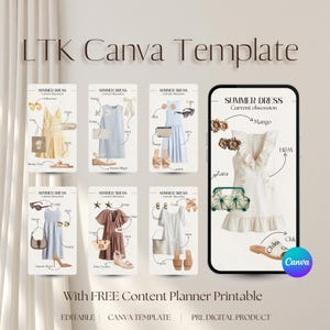 Op de afbeelding: Een digitale Canva-sjabloon met de tekst "LTK Canva Template" en "Summer Dress". De afbeelding toont verschillende zomerjurk-outfits met accessoires, waaronder jurken, schoenen en handtassen. De sjabloon bevat de tekst "With FREE Content Planner Printable".