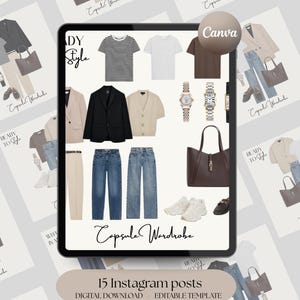 May include: Digital template for 15 Instagram posts, showcasing a capsule wardrobe. The image presents a selection of clothing, including t-shirts, jeans, blazers, and accessories such as watches and handbags. The Canva logo is visible.