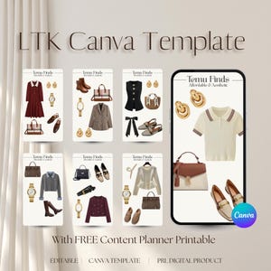 May include: A digital product showcasing a Canva template with various fashion items. The image features a phone displaying a cream-colored polo shirt, a handbag, and loafers. Other items include dresses, jackets, shoes, and accessories. Text includes "LTK Canva Template" and "Temu Finds".