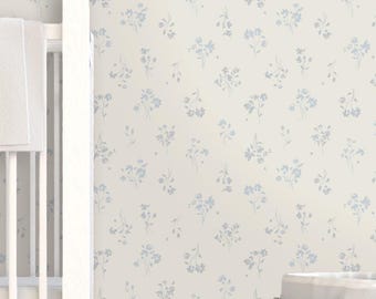Flirty Rose Stems (M) Wallpaper, Soft Blue Gray Cream, Baby Girl Nursery Floral Sketch, Simple Cottage Country Granny Chic, Peel & Stick
