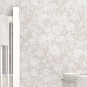 Layered Peonies in Light Cream White Wallpaper: Baby Girl Nursery, Neutral Warm Minimalist Floral, Peel and Stick, Non-Pasted