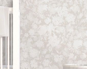 Layered Peonies in Light Cream White Wallpaper: Baby Girl Nursery, Neutral Warm Minimalist Floral, Peel and Stick, Non-Pasted