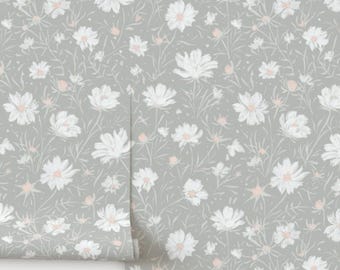 Wild Cosmos Wallpaper, White & Peach on Light Sage Green, Baby Girl Nursery or Bedroom Wildflower Floral Wallpaper, Peel and Stick Removable