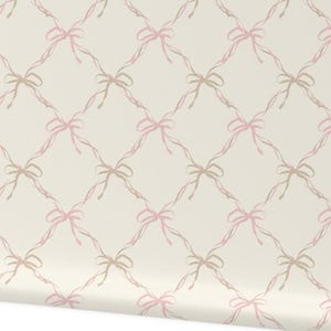 Ribbons & Bows (S), Rose Gold on Neutral Cream Wallpaper, Cottagecore Baby Girl Nursery or Tween Bedroom, Pre-Pasted or Peel and Stick