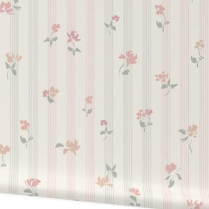 Little Roses w/ Stripe Wallpaper, Pink & Green on Cream, Preppy Floral Baby Girl Nursery, Granny Chic Cottagecore, Peel and Stick, Prepasted