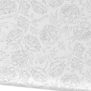Peony Sketch Wallpaper, Light Gray Basic Black & White Floral, Minimalist White Room Aesthetic Wallpaper, Removable Peel and Stick Prepasted