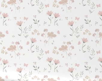 Wildflowers & Butterflies Wallpaper – Rose Pink and Gold on White: Cottagecore Floral, Baby Girl Nursery, Peel and Stick, Non-Pasted