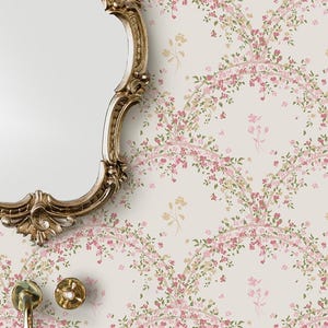 Rose Arbor Trellis Wallpaper, Scalloped Pink Green Gold Floral, Granny Chic Cottagecore, Baby Girl Nursery, Tween Teen Bedroom, Peel & Stick