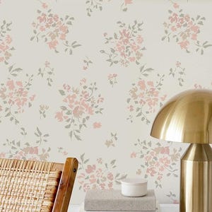 Rose Bouquets Wallpaper in Pink Gold Green on Cream, Vintage Granny Chic Cottage Country, Baby Girl Nursery Floral, Peel & Stick, Pre-Pasted