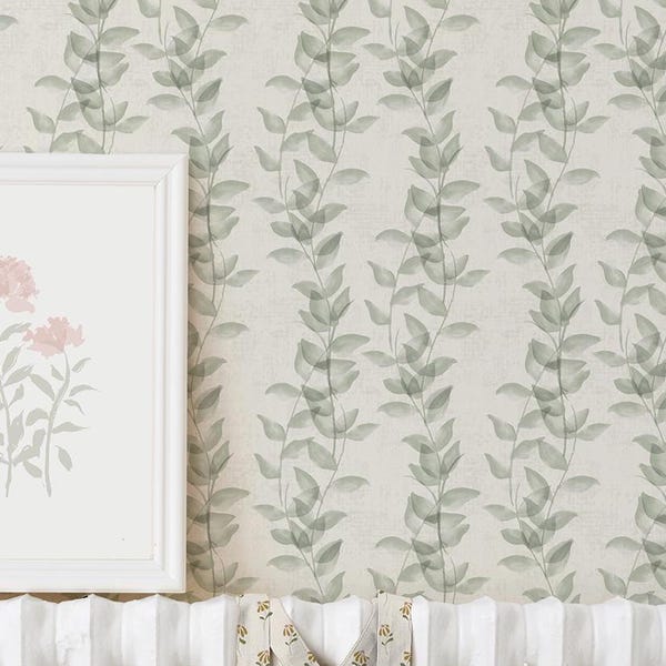 Painted Leaves on Vine Wallpaper, Soft Sage Green on Cream, Calm Botanical for Gender Neutral Baby Nursery, Removable Peel & Stick Prepasted