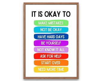 Könnte beinhalten: Ein Motivationsposter mit dem Text "Es ist okay zu" und einer Liste von Sätzen in bunten Kästchen, darunter "Fehler machen", "nicht in Ordnung sein", "schlechte Tage haben", "man selbst sein", "nicht alles wissen", "Hilfe holen", "neu anfangen" und "mehr Zeit brauchen".