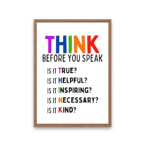 Arte mural motivacional para el aula "Piensa antes de hablar", póster con citas inspiradoras, educativo para niños, decoración de pared para sala de juegos