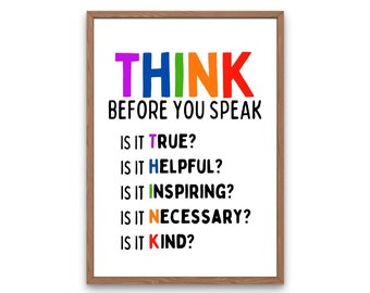 Denken Sie nach, bevor Sie sprechen Motivations-Klassenzimmer-Wandkunst, inspirierende Plakat-Zitate, Kinderpädagogik, Spielzimmer-Wand-Kunst-Dekor
