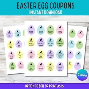 Cupones para huevos de Pascua, fichas imprimibles para huevos de Pascua para niños, rellenos para huevos de Pascua, descarga instantánea, plantilla de Canva, alternativa a los dulces de Pascua