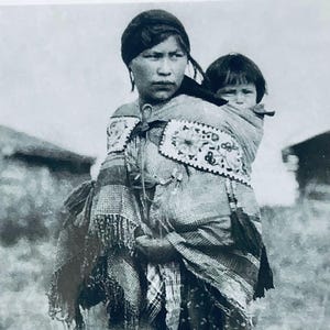 1930’s Alaskan indigenous Han woman & child in Native garments, Fort Yukon, Alaska-High Resolution photo print restored by Leo Seitlinger