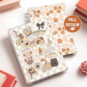May include: Two clear tablet cases featuring fall-themed designs. One case has a repeating pattern of orange and cream pumpkins. The other case displays a beige checkered background with stickers of pumpkins, bows, cameras, and text like PUMPKIN QUEEN.