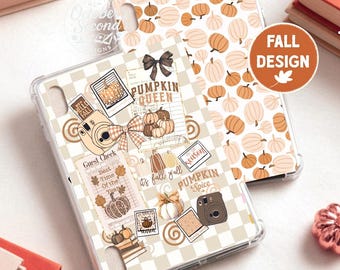 Reversible iPad Case Insert, Pumpkin Queen Fall Sticker Print and Tan Harvest Pattern