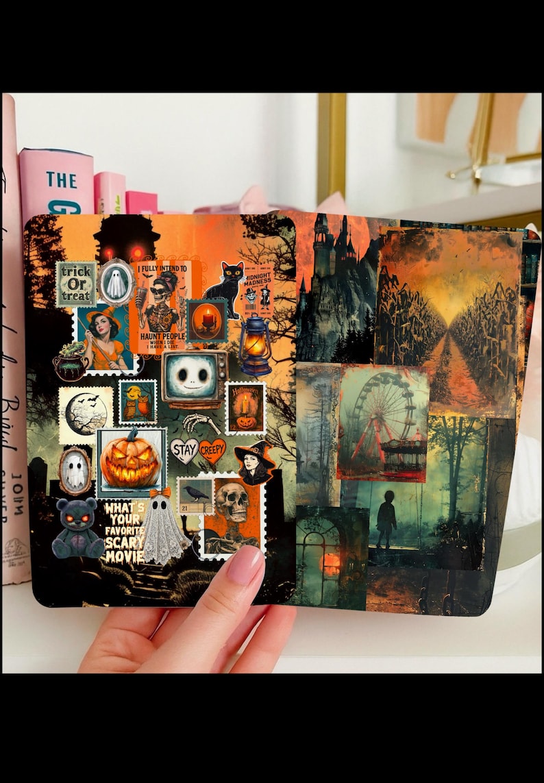 Reversible Kindle Case Insert, Vintage Halloween Photo Collage, Orange Black Gothic Bild 1