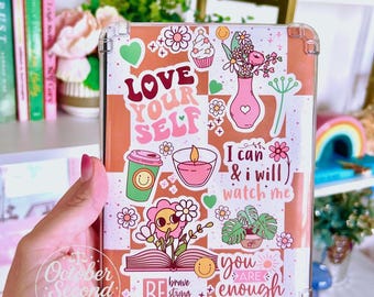 Reversible Kindle Case Insert, Love Yourself Terracotta Checker Collage and Dotted Stripe
