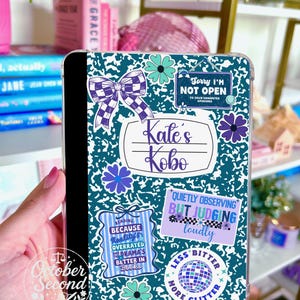 Inserto reversible para funda Kindle, cuaderno de composición personalizado, estampado de pegatinas, rayas azul marino y verde azulado imagen 4