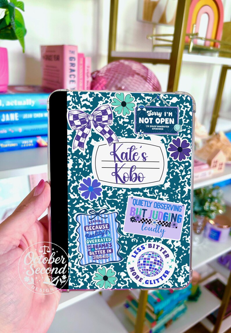 Inserto reversible para funda Kindle, cuaderno de composición personalizado, estampado de pegatinas, rayas azul marino y verde azulado imagen 4