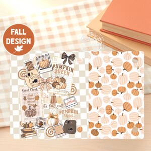 May include: A rectangular sheet featuring a split design. The left side displays a beige and white checkerboard pattern with various fall-themed stickers including pumpkins, cameras, bows, and guest checks with text like PUMPKIN QUEEN. The right side has a repeating pattern of orange and white pumpkins on a white background.
