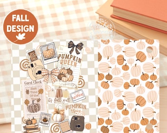 Reversible Kobo Case Insert, Pumpkin Queen Fall Sticker Print and Tan Harvest Pattern