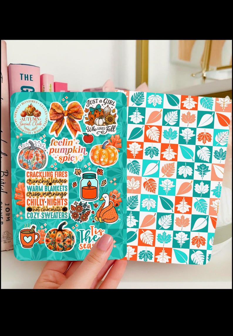 Reversible Kindle Case Insert, Feelin Pumpkin Spice Sticker Collage and Leaf Checker image 1