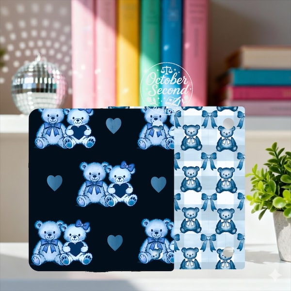 Reversible Kobo Libra & Clara Case Insert | Patina Blue Teddy Bear Gingham Bear Print