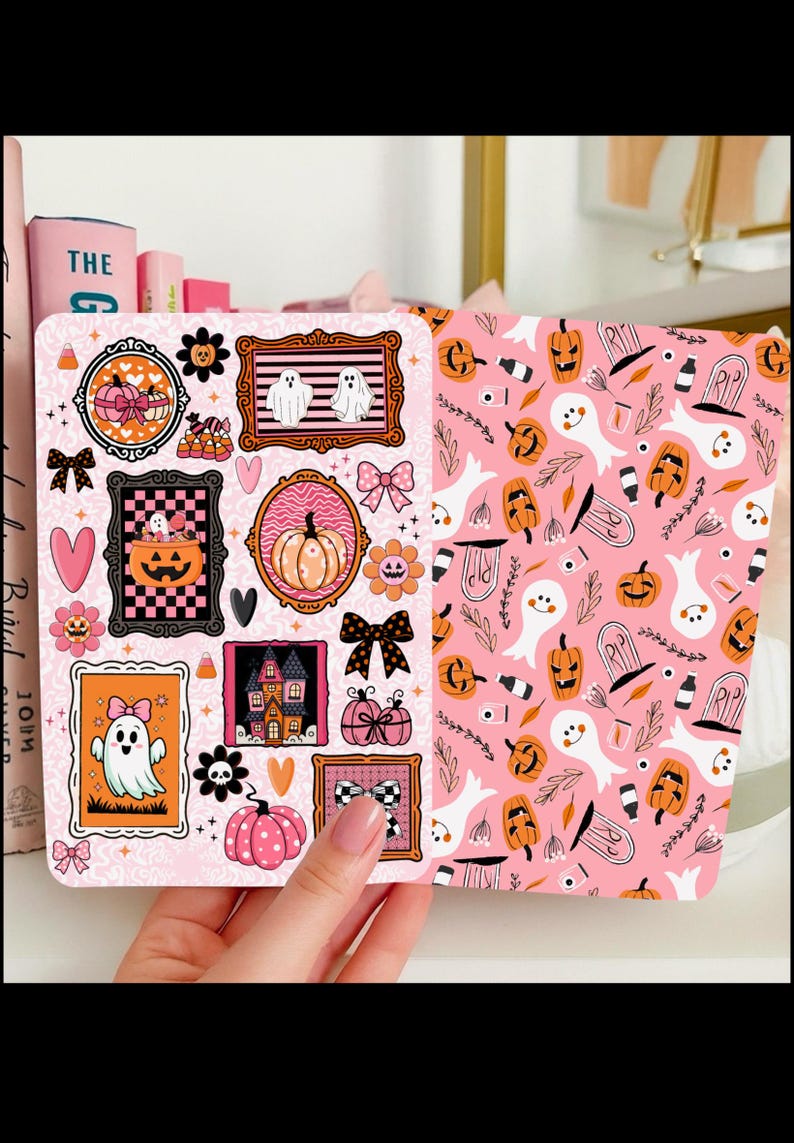 Reversible Kindle Case Insert, Haunted Dollhouse Pink Halloween Collage and Lace Pumpkin Bild 1