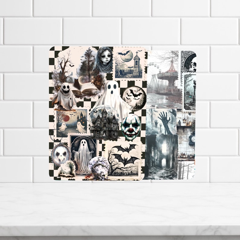 Inserto reversible para funda Kindle, collage de fotos gótico de Halloween y cuadros blancos y negros. imagen 2