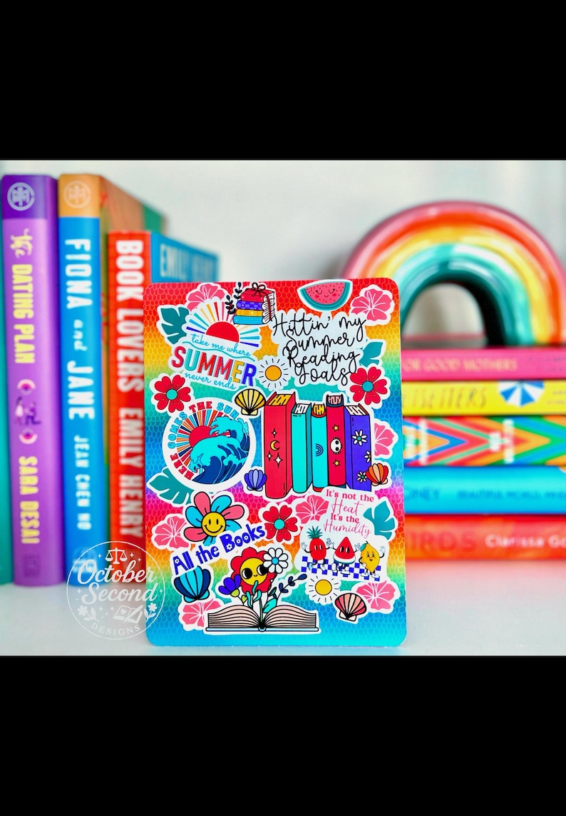Reversible Kindle Case Insert, Summer Reading Goals Sticker Collage and Rainbow Floral 画像 1