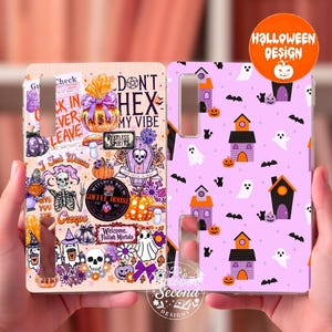 May include: Two rectangular phone cases featuring Halloween designs. The left case displays a collage of pumpkins, skulls, ghosts, and text including "Don't Hex My Vibe" and "Welcome, Foolish Mortals." The right case has a repeating pattern of ghosts, bats, cats, and houses on a light purple background.