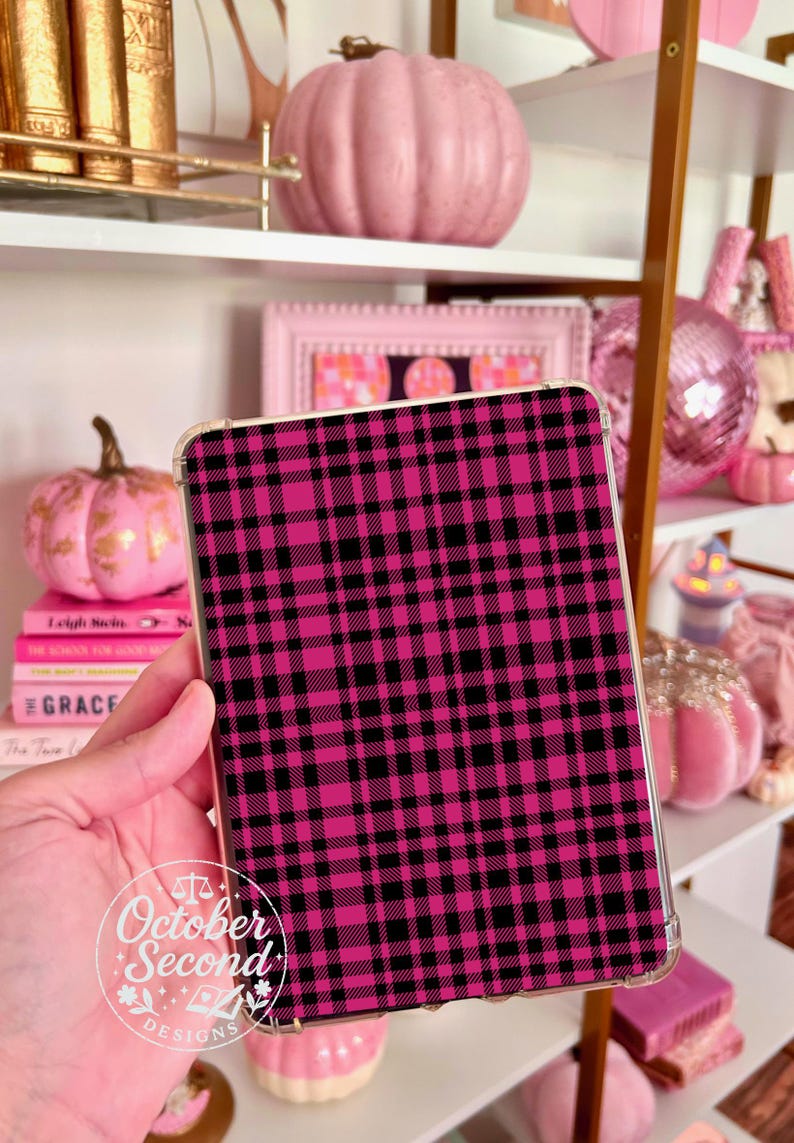 Reversible Kindle Case Insert, Hot Pink Horror Stickers and Pink Black Plaid afbeelding 4