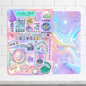 May include: A decorative, colorful sticker sheet with various designs and text. The sheet features phrases like "Karma," "Cornelia Street," and "The Story of Us." The color palette includes pink, purple, and blue hues, with illustrations of flowers, a dress, and a guitar.