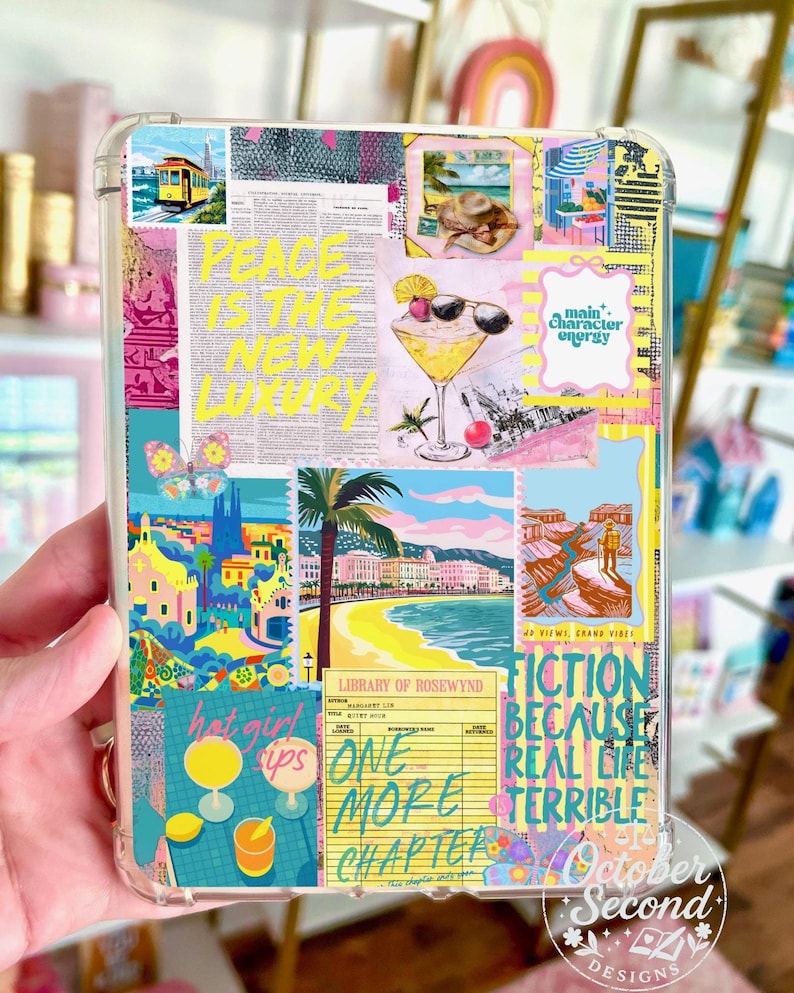 Inserto reversible para funda Kindle, collage literario y estampado de tarjeta de biblioteca — Personaje principal: Chica sexy con energía bebiendo imagen 1