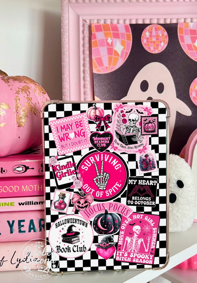 Reversible Kindle Case Insert, Hot Pink Horror Stickers and Pink Black Plaid afbeelding 5