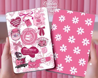 Reversible Kindle Paperwhite Scribe Case Insert, Pink Booktrovert Sticker Collage and Retro Daisy