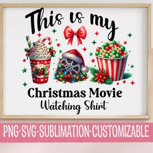 Soirée cinéma de Noël - téléchargement numérique festif PNG SVG - cacao chaud, maïs soufflé et décoration de Noël pour les amateurs de cinéma de Noël - cadeaux DIY