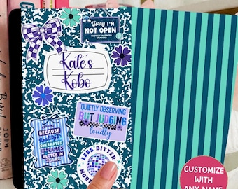 Reversible Kindle Case Insert, Personalized Composition Notebook, Sticker Print, Teal Navy Stripe