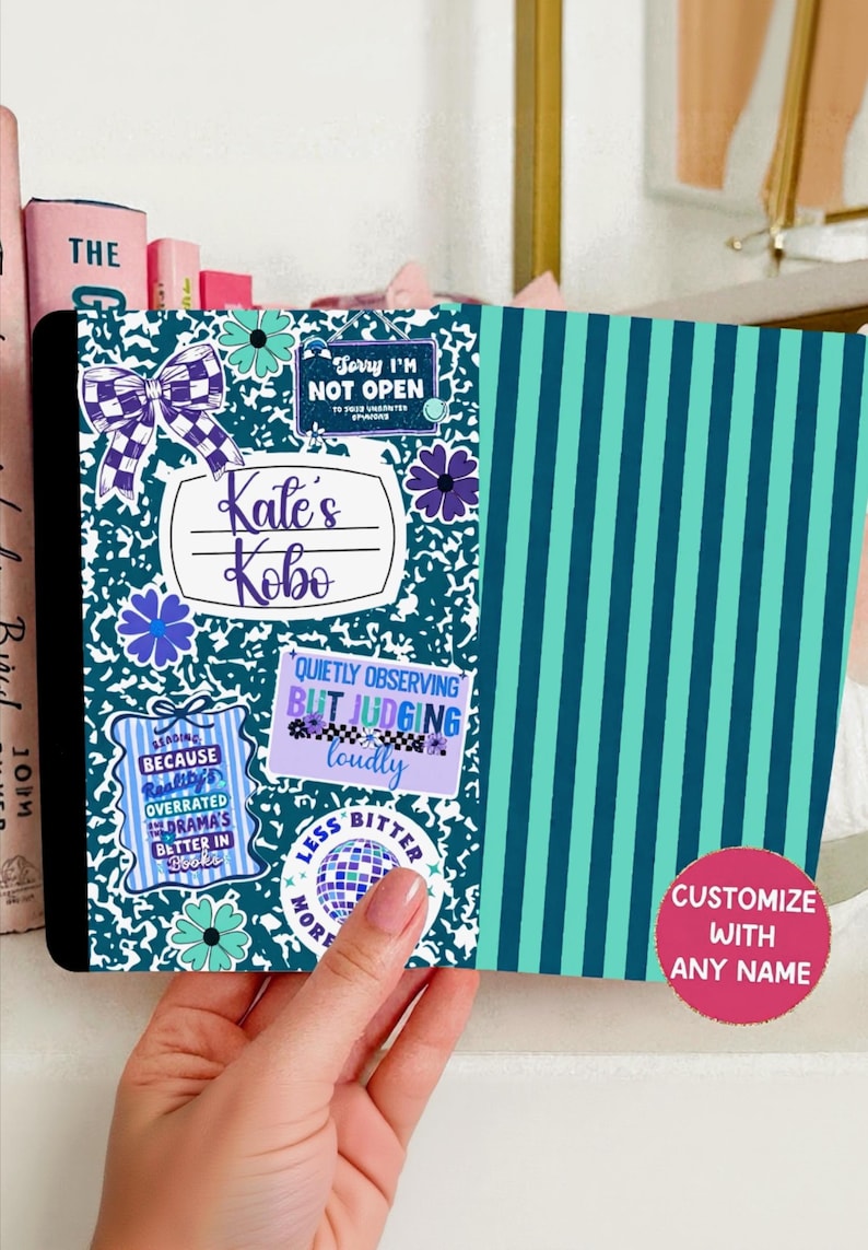 Inserto reversible para funda Kindle, cuaderno de composición personalizado, estampado de pegatinas, rayas azul marino y verde azulado imagen 1